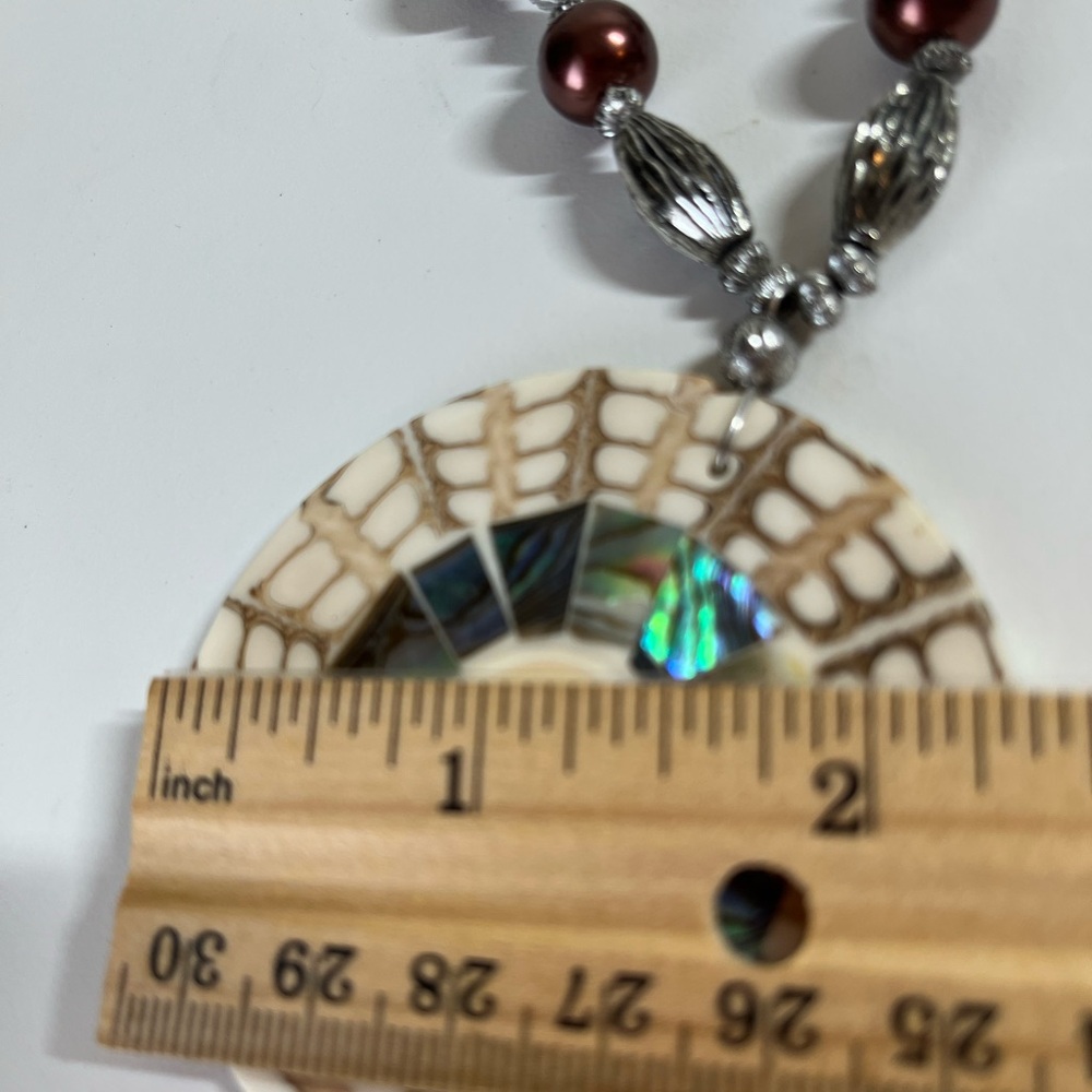 Boho Statement Shell Mosaic abalone & mother of pearl Necklace on a twisted cord - Picture 6 of 7